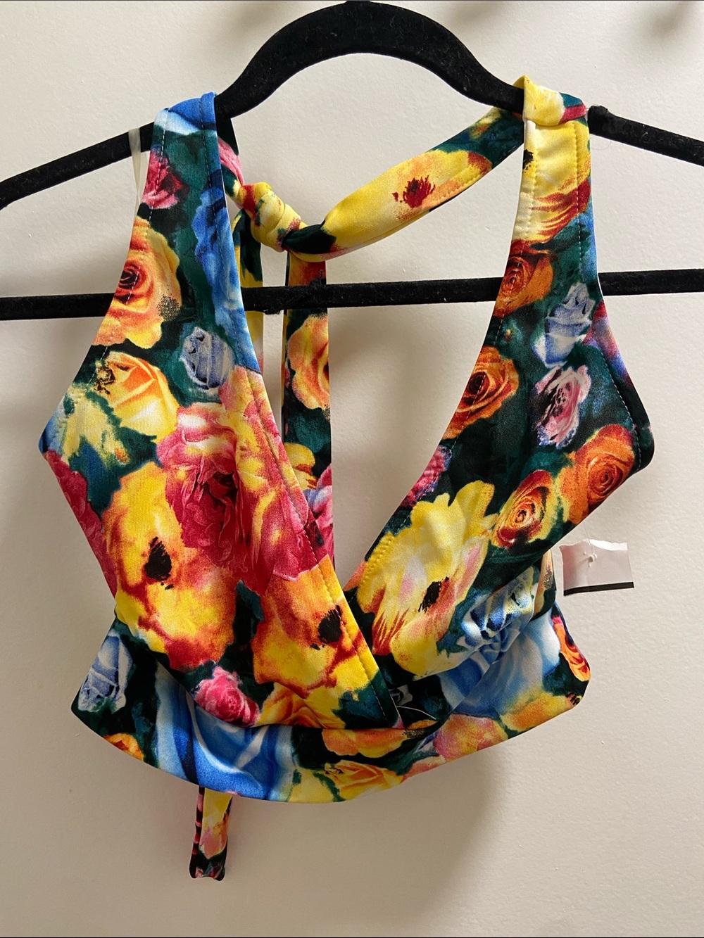 Vibrant Floral Crop Halter Top - Yellow, Pink & Blue